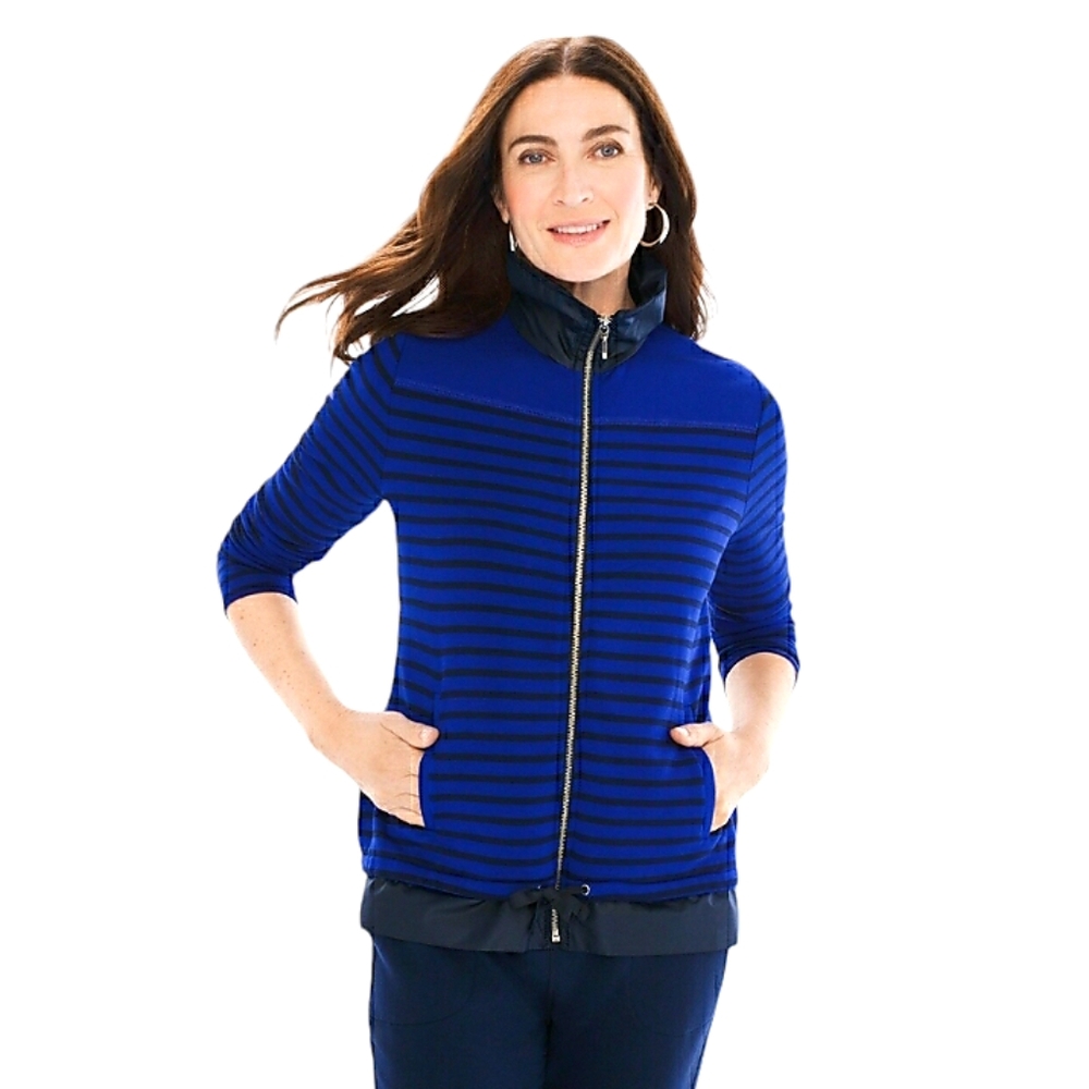 Chicos Zenergy Knit Collection Womens Stripe Mix Jacket Deep Navy Size 3 NWT